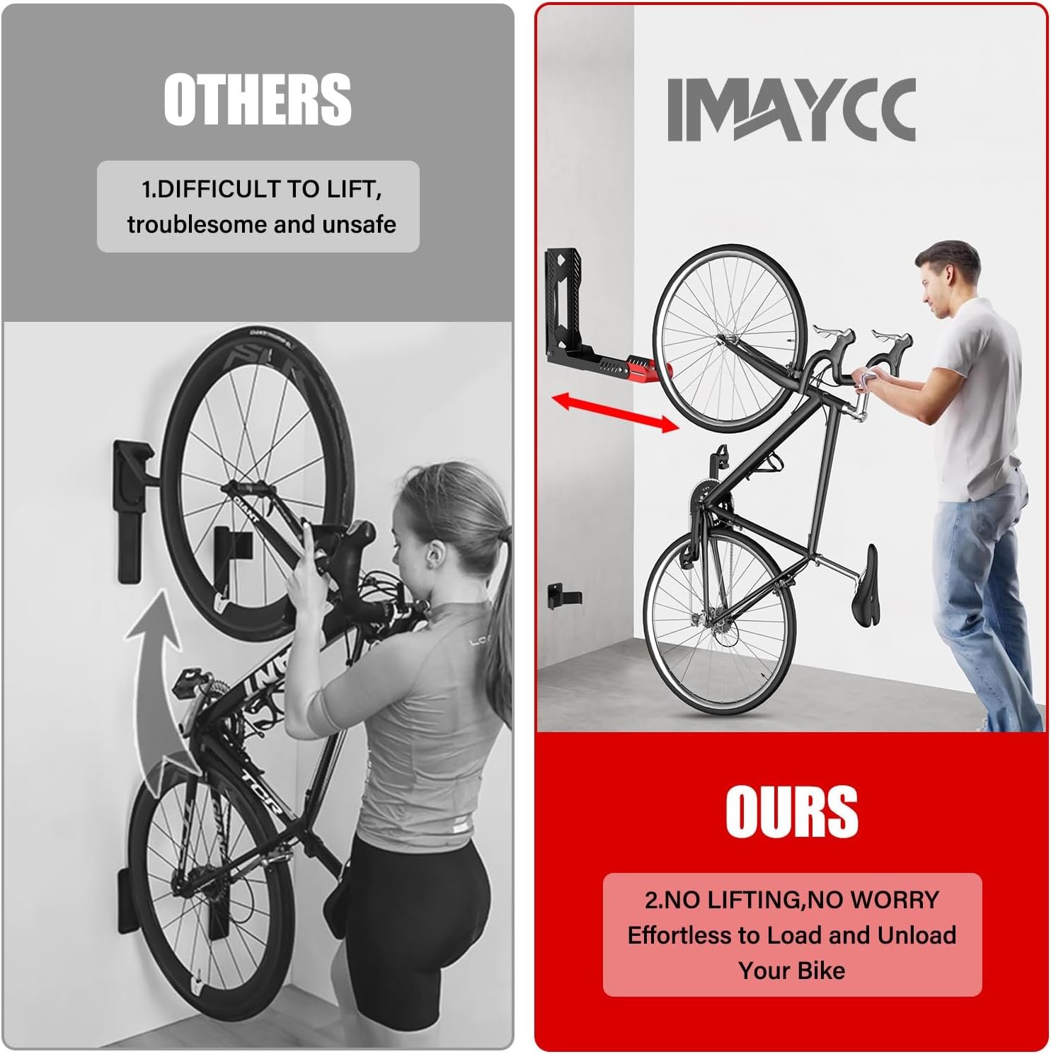 IMAYCC Upgraded New Bike Wall Mount, Space Saving Adjustable Foldable Bike Rack Wall, No Heavy Lifting, Bike Hangers for Garage, Foldable Bicycle Holder for MTB Road Bike - Image 4
