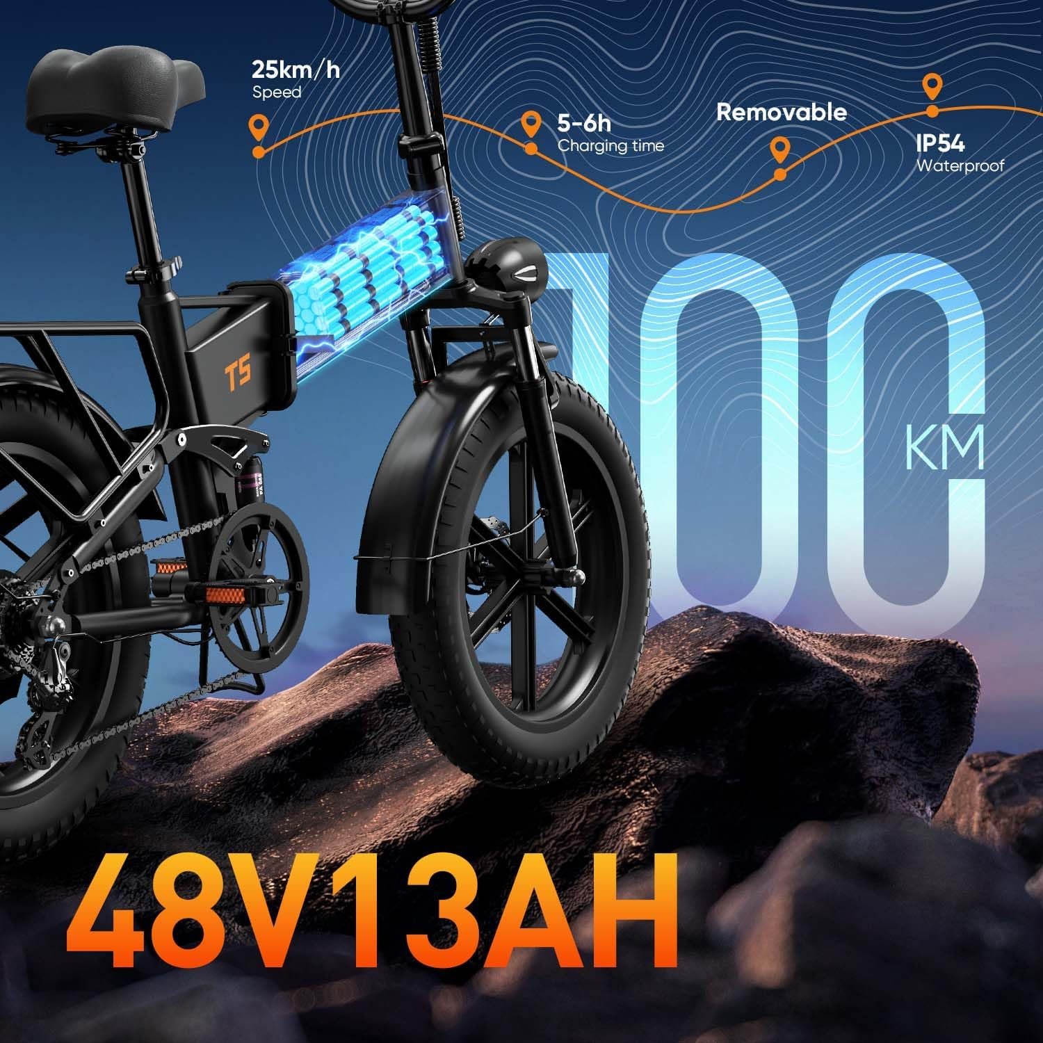 URLIFE Folding Electric Bike, 20 * 4.0 Inch Fat Tire E-Bike for Adult 48V 13AH Removable Battery, 80-100KM Long Range, Full Suspension for All Terrains, Electric Mountain Bike with LED - Image 3