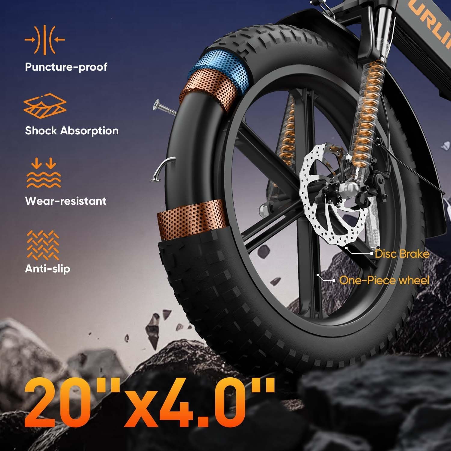 URLIFE Folding Electric Bike, 20 * 4.0 Inch Fat Tire E-Bike for Adult 48V 13AH Removable Battery, 80-100KM Long Range, Full Suspension for All Terrains, Electric Mountain Bike with LED - Image 5
