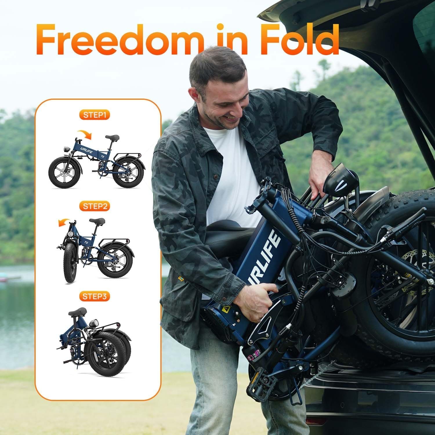 URLIFE Folding Electric Bike, 20 * 4.0 Inch Fat Tire E-Bike for Adult 48V 13AH Removable Battery, 80-100KM Long Range, Full Suspension for All Terrains, Electric Mountain Bike with LED - Image 8