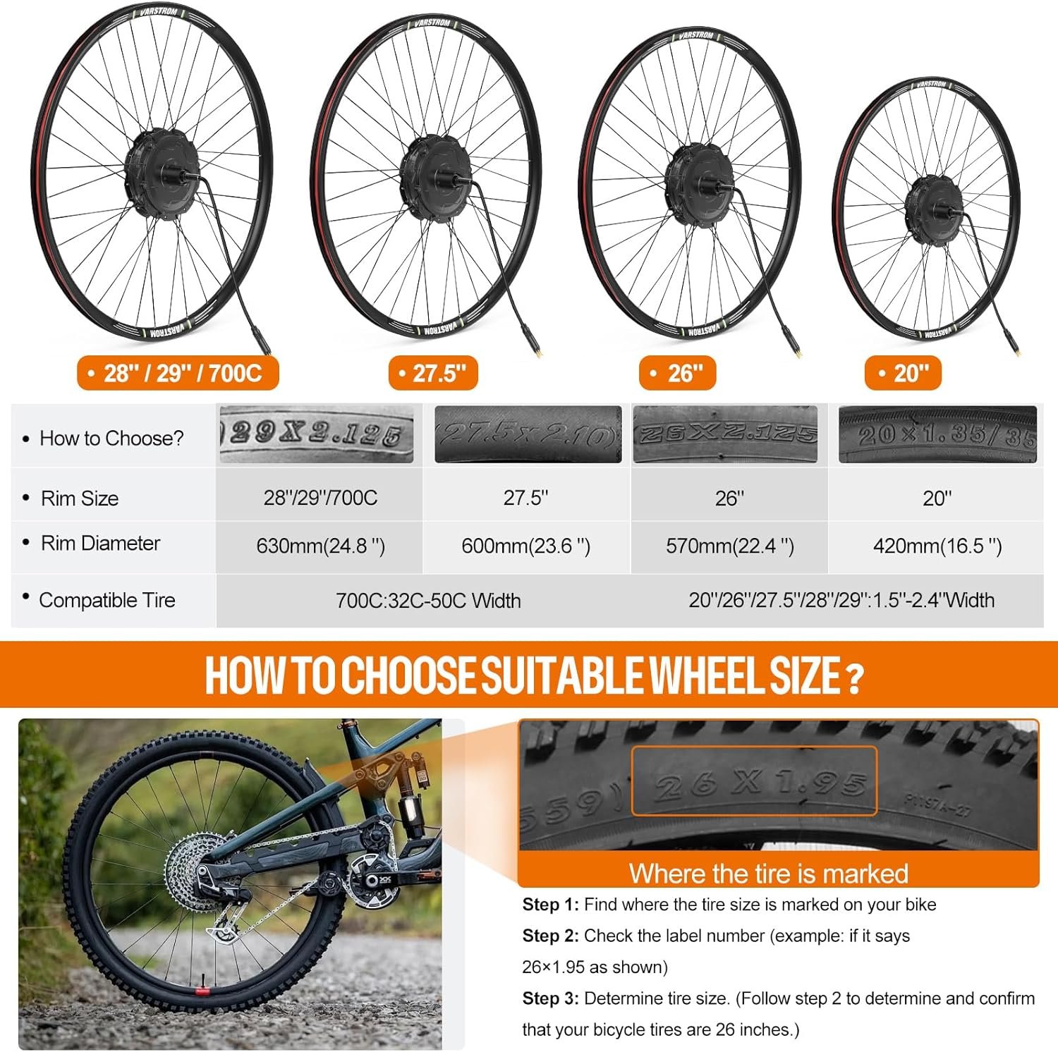 48V Electric Bike Conversion Kit - 20" 26" 27.5" 28" 29" 700C Front & Rear Wheel Hub Motor 125EVH 125XVH Ebike Conversion Kit with Battery and Display - Geared Brushless Motor for Cassette - Image 5