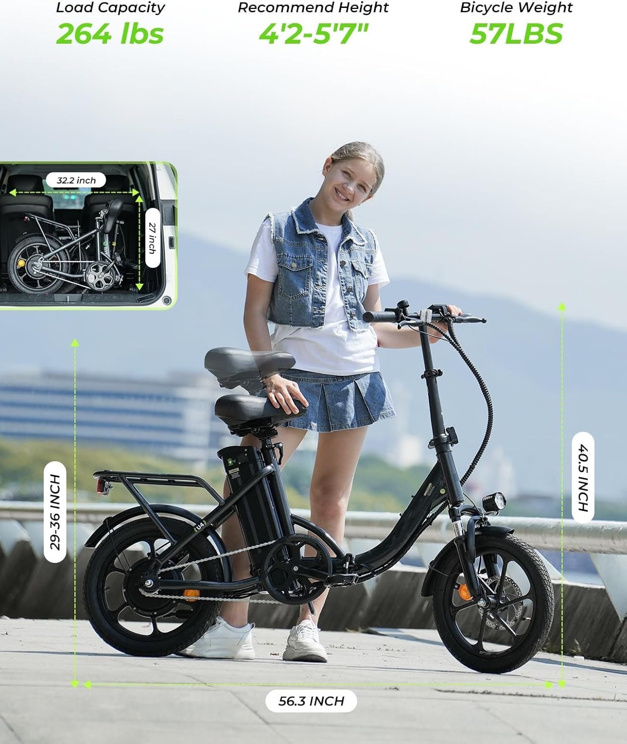 Finbike U4 Electric Bike, 16" Portable Electric Bicycle with Removable Battery, 60KM Max Range, 3 Riding Modes, Front Shock Absorber, Foldable E-bike for Adults/Teens - Image 8