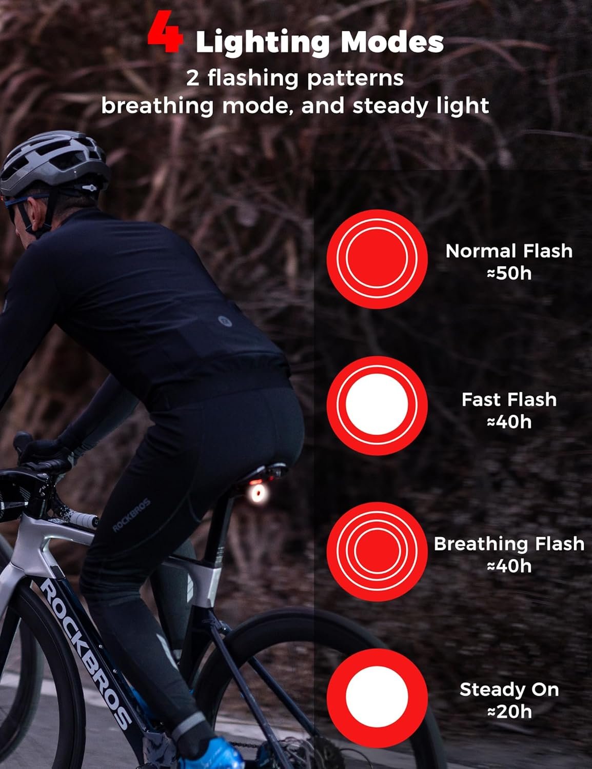 ROCKBROS Smart Bike Tail Light, Brake Sensing Bicycle Rear Light, Auto On/Off, USB-C Rechargeable Cycling LED Taillight, IP65 Waterproof, 4 Lighting Modes, 2 Mounting Ways for Road Bike, MTB & Ebike - Image 2