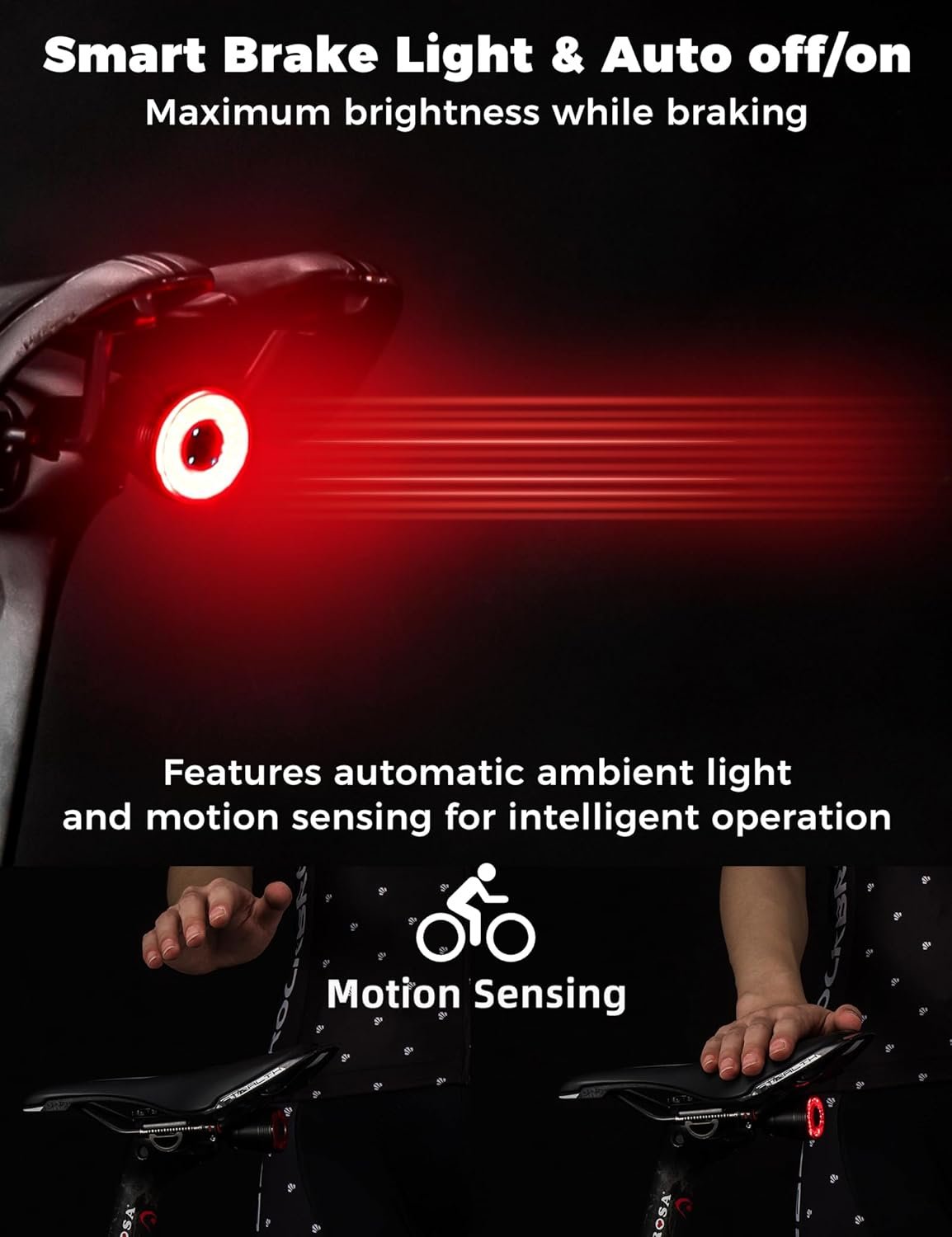 ROCKBROS Smart Bike Tail Light, Brake Sensing Bicycle Rear Light, Auto On/Off, USB-C Rechargeable Cycling LED Taillight, IP65 Waterproof, 4 Lighting Modes, 2 Mounting Ways for Road Bike, MTB & Ebike - Image 3