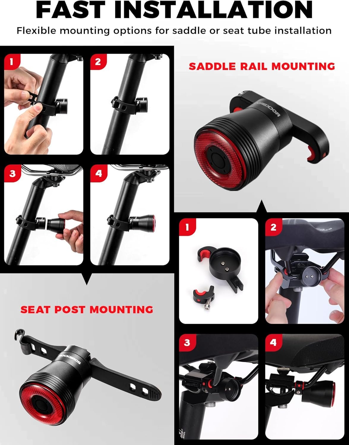 ROCKBROS Smart Bike Tail Light, Brake Sensing Bicycle Rear Light, Auto On/Off, USB-C Rechargeable Cycling LED Taillight, IP65 Waterproof, 4 Lighting Modes, 2 Mounting Ways for Road Bike, MTB & Ebike - Image 6