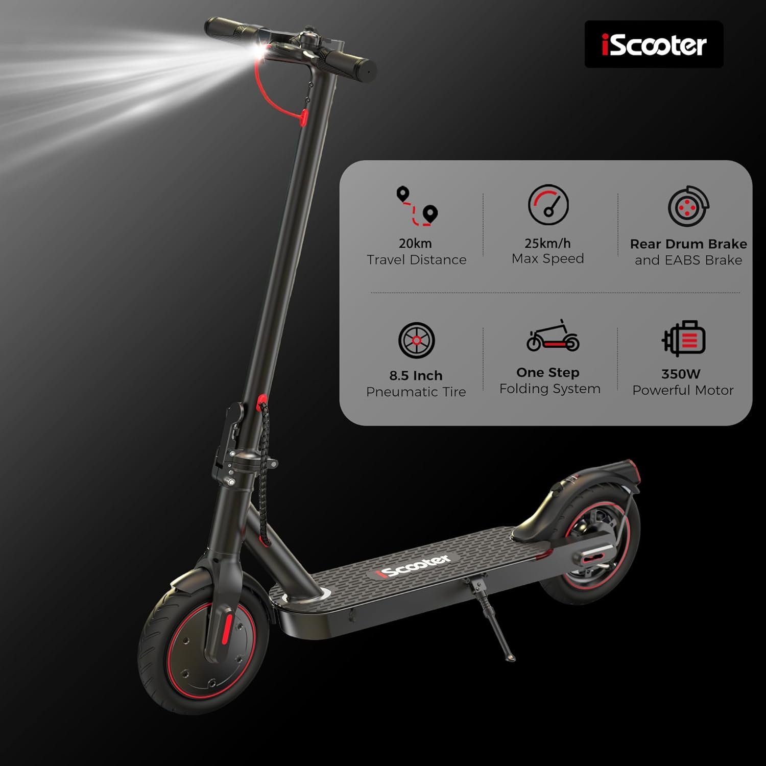 Electric Scooter,34KM Range 350W Motor Electric Scooter Adults with 8.5" Pneumatic Tires,42V 7.8Ah Battery,3 Speed Modes,Rear Disc + Electronic Brakes,120KG Load, APP Control - Image 2