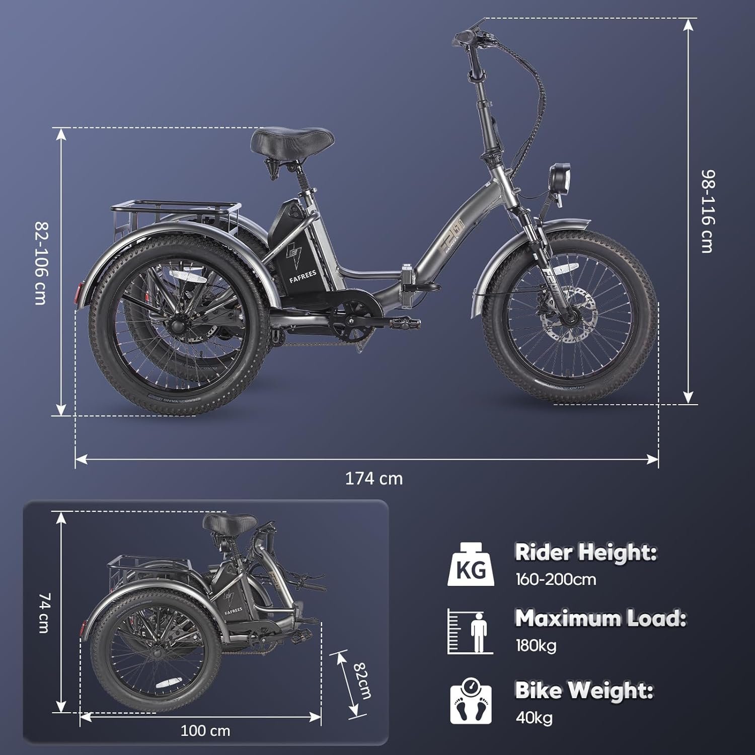 Fafrees F20 MATE Electric Tricycle Adults, Foldable Electric Trike Cargo Ebike, Hydraulic Brakes Fat Tire 3 Wheel Electric Bike for Men & Women - Image 9