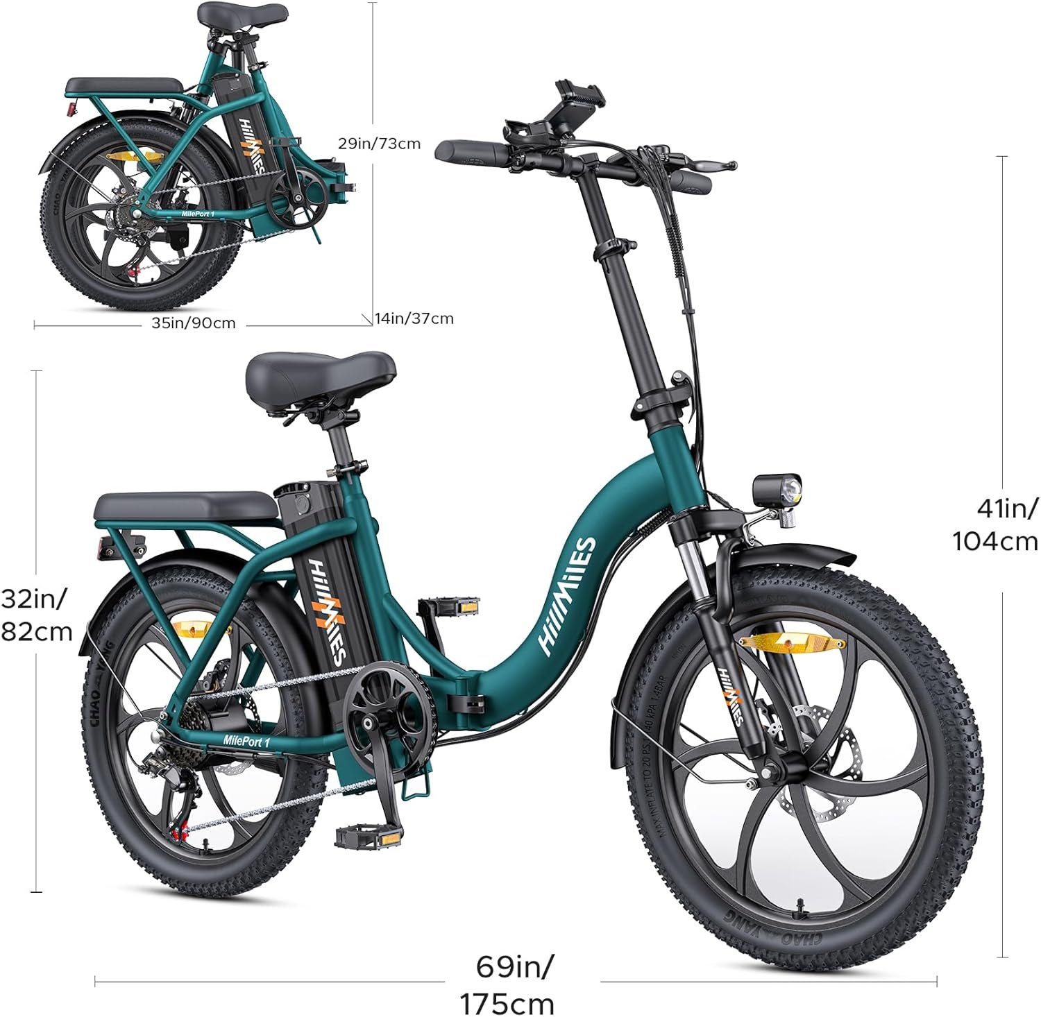 HillMiles MilePort 1 Electric Bike for Adults with 36V 13AH Removable Battery, 20"*3.0" Fat Tire Folding Electric Bicycle with Top Speed 25KM/H &100KM Long Range, 250W Motor City Commuter Ebike - Image 7