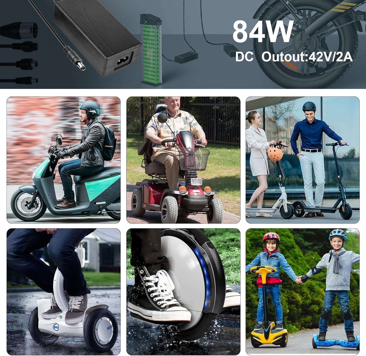 42V/2A Electric Scooter Charger, Universal with 4 Connections for 36V Li-ion Battery Fast Charger for Xiaomi/Ninebot, Mobility Scooter, Hoverboard, Electric Bike, Drift Board, Unicycle (Black) - Image 7