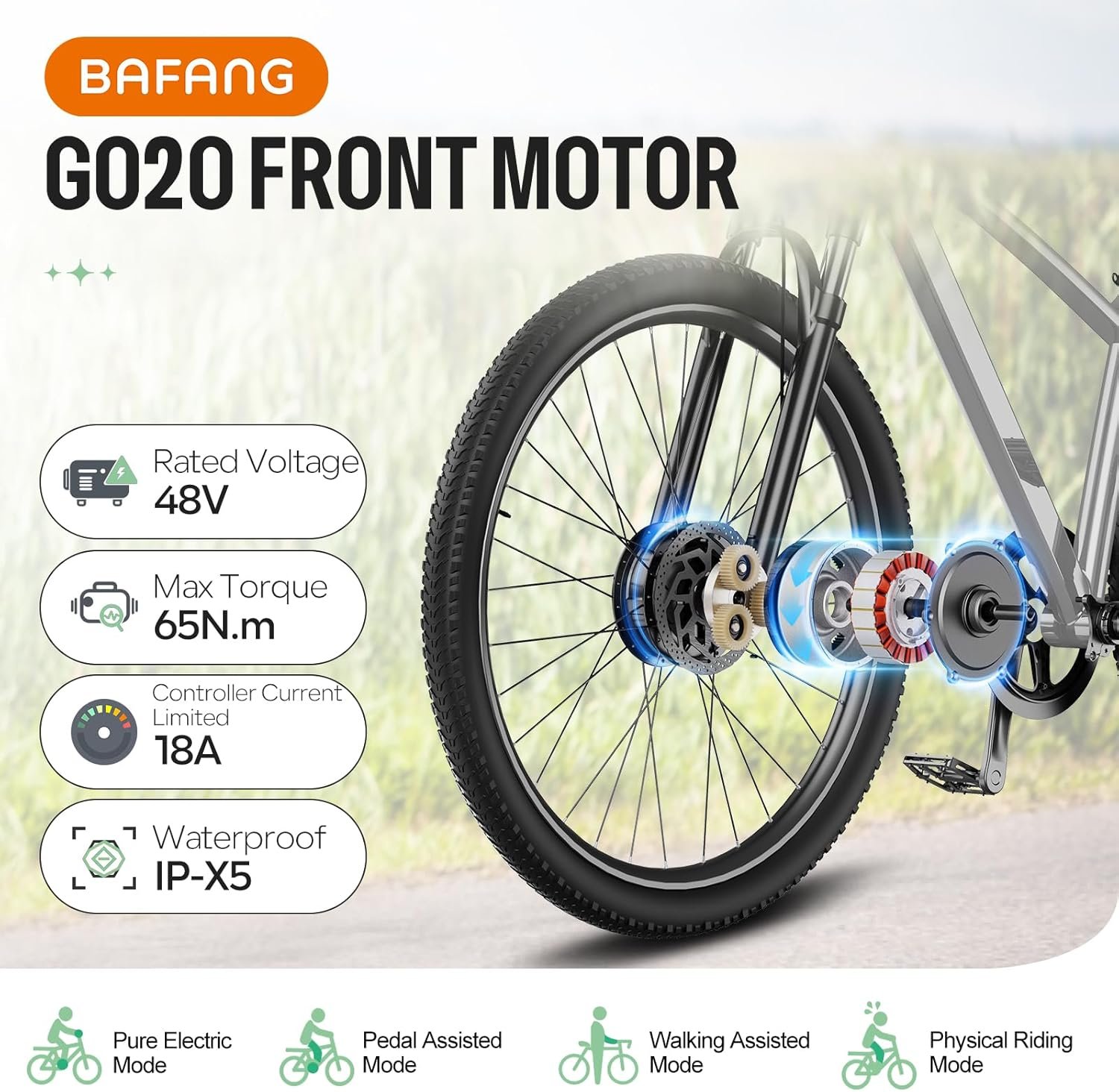 BAFANG G020 Front Hub Motor 26" 28" 29" 700C 48V Electric Bike Conversion Kit with Controller & PAS Sensor, Front Wheel Ebike Kit for City Mountain Road Commuter Bicycle - Image 2
