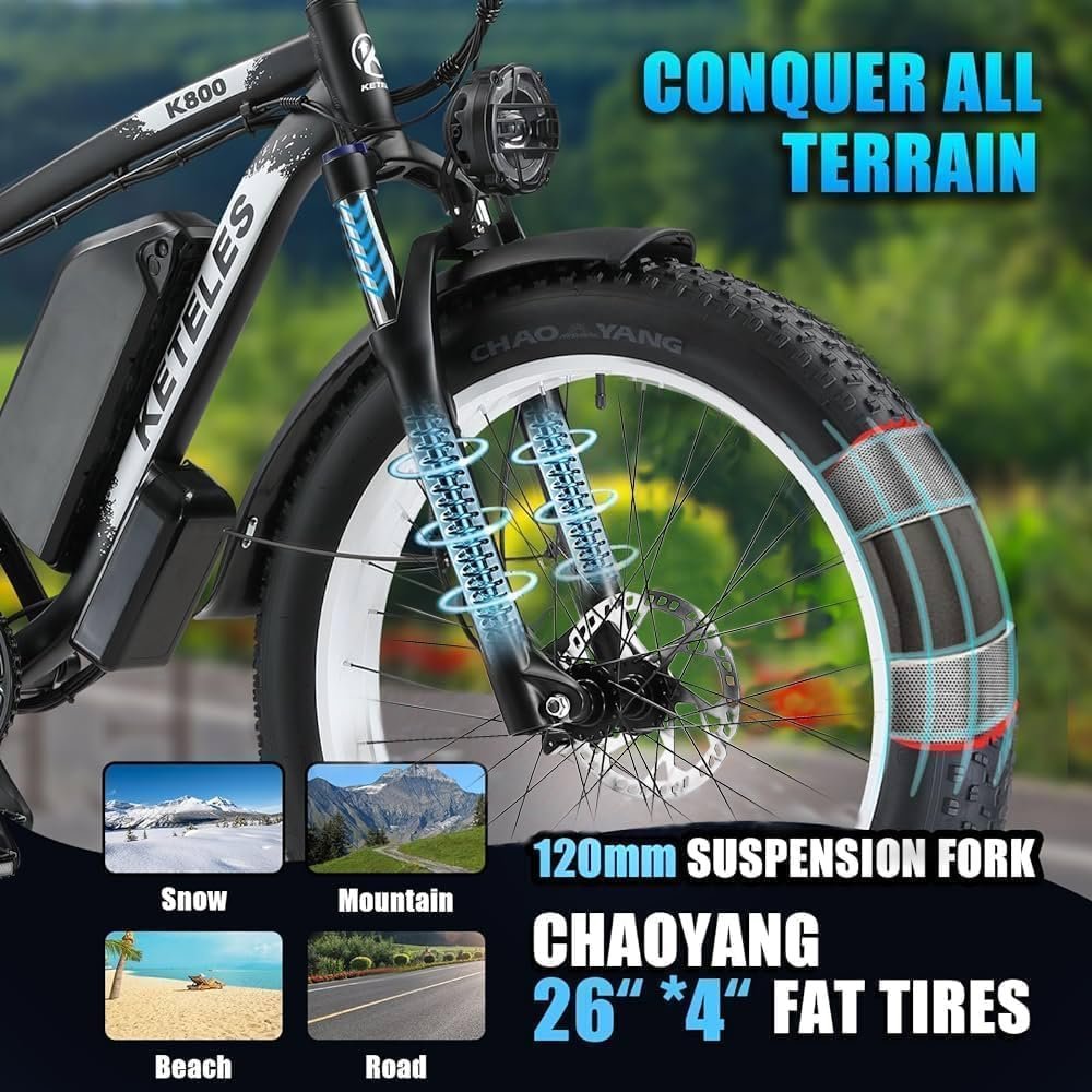 Electric Bike for Adult,Ebike with 48V 20AH Removable Battery, 70-110KM Long Range Electric Bike with Phone mount, 26" x4.0" All-Terrain Tires, Fat Tire Ebike Hydraulic Suspension 21-Speed - Image 3