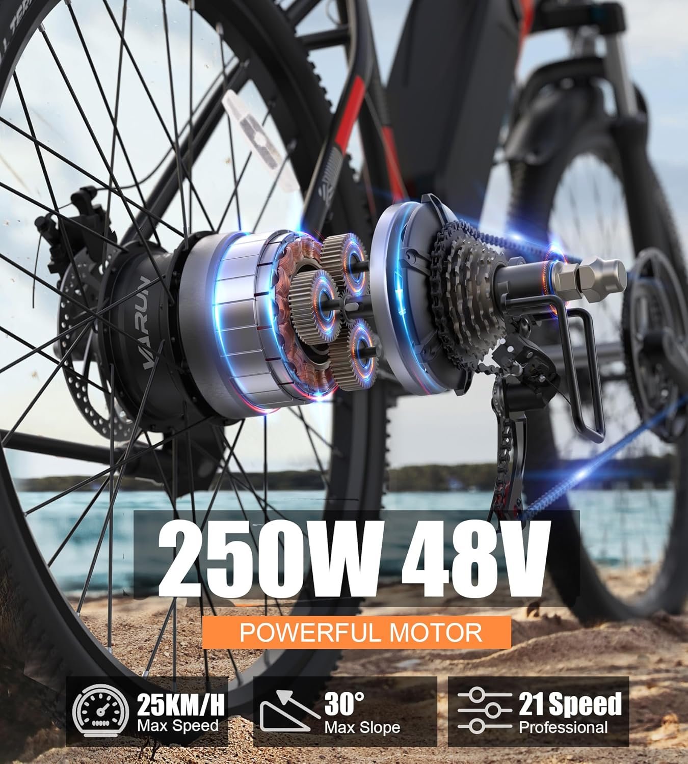 VARUN Electric Bike, 27.5" Electric Mountain Bike with APP, 48V 624Wh Battery, Up to 100KM, 250W 55Nm Motor, 21 Speed Gear, E-bike for Men and Women - Image 3