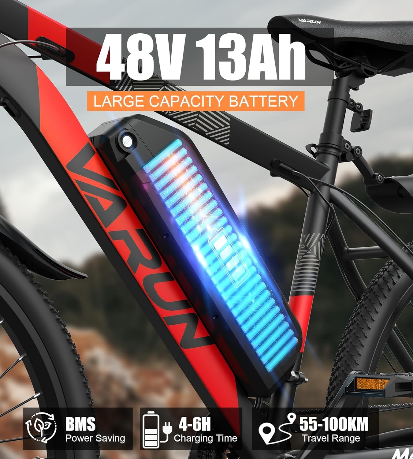 VARUN Electric Bike, 27.5" Electric Mountain Bike with APP, 48V 624Wh Battery, Up to 100KM, 250W 55Nm Motor, 21 Speed Gear, E-bike for Men and Women - Image 4