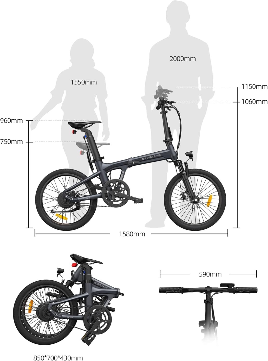 ADO Air20Pro Electric Bike Folding, EBike for Adults, 20" Folding Electric Bicycle, Belt Drive, Bafang Motor, ECO and SPORT Mode, Adjustable Shock Absorption, LCD, APP, Range Up To 100KM - Image 7
