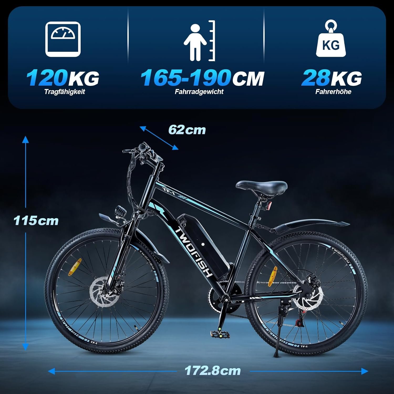 TWOFISH Electric Bike, 26" Electric Mountain Bike for Adults with 36V 15Ah Battery Max Range 100 KM 25KM/H 3 Riding Mode 7 Speed E Bike with Disc Brakes LED Display, TF-1 - Image 7