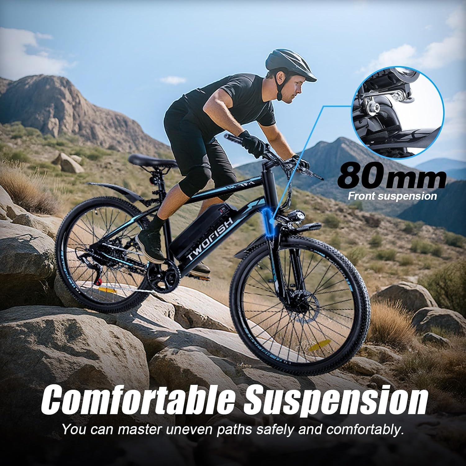 TWOFISH Electric Bike, 26" Electric Mountain Bike for Adults with 36V 15Ah Battery Max Range 100 KM 25KM/H 3 Riding Mode 7 Speed E Bike with Disc Brakes LED Display, TF-1 - Image 8
