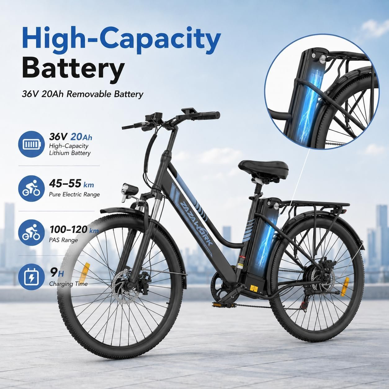 Electric Bike for Adults, 250W Rear Motor Electric Bicycle with 36V 20AH Battery, 80-120km Long Range, 7-Speed & 3 Riding Modes, 25km/h Electric Hybrid Bike for Men Women City Commute - Image 2