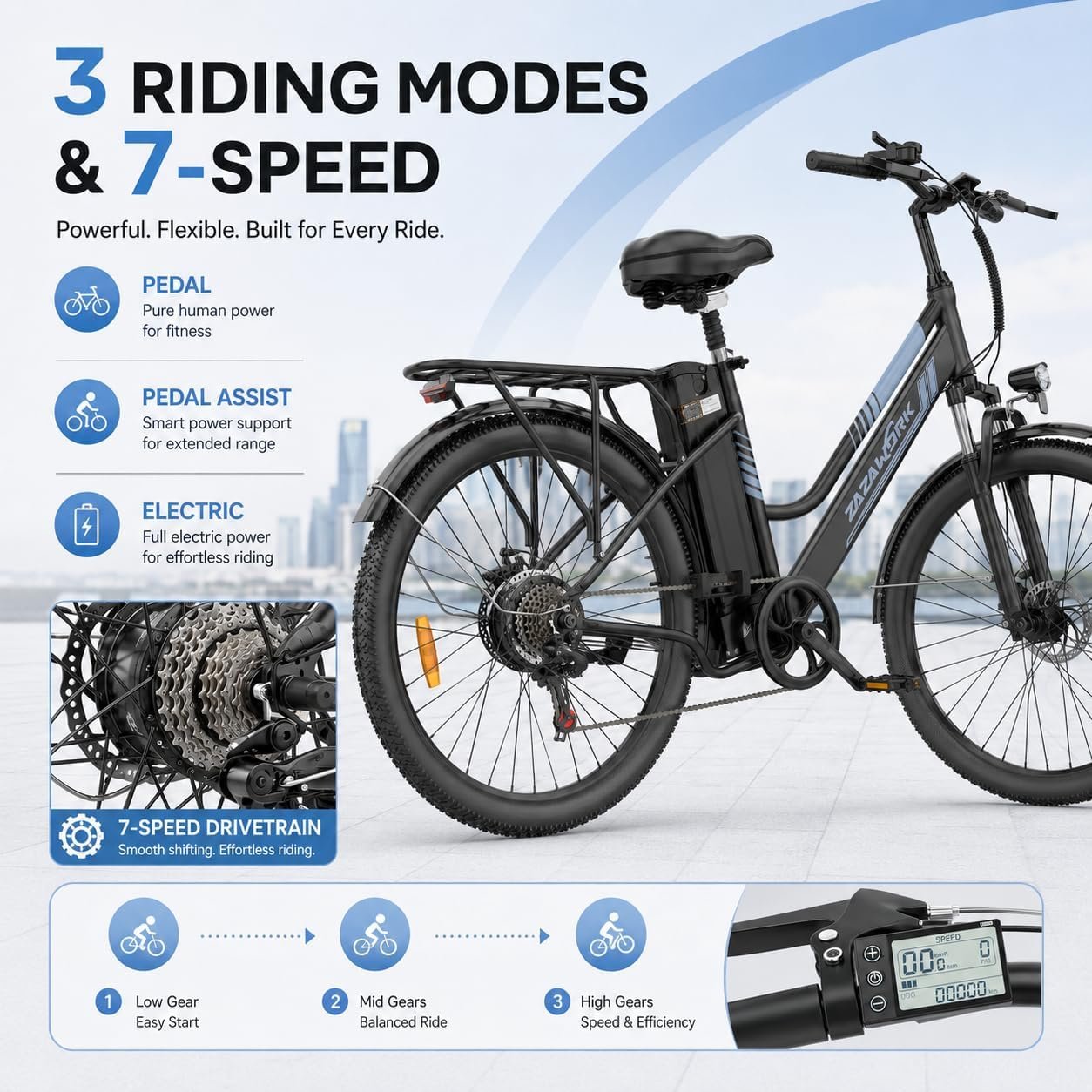 Electric Bike for Adults, 250W Rear Motor Electric Bicycle with 36V 20AH Battery, 80-120km Long Range, 7-Speed & 3 Riding Modes, 25km/h Electric Hybrid Bike for Men Women City Commute - Image 4