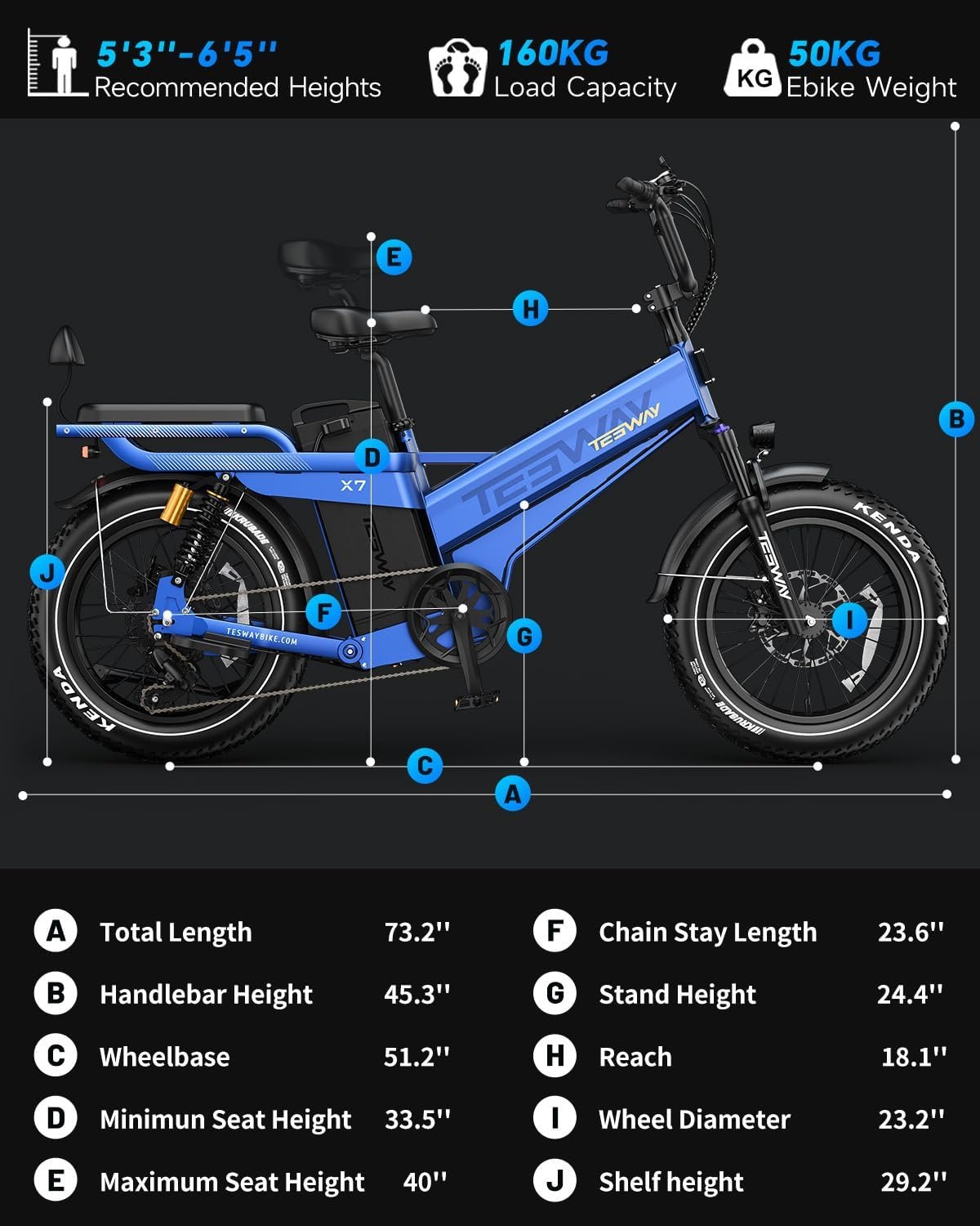TESWAY X7PRO Electric Bike for Adults,52V 60AH 320KM Long Range Ebike,20" Full Suspension Fat Tire E-Bike, Dual Hydraulic Brake, 7-Speed Colorful LCD Display Electric Mountain Bike(Step Over) - Image 6