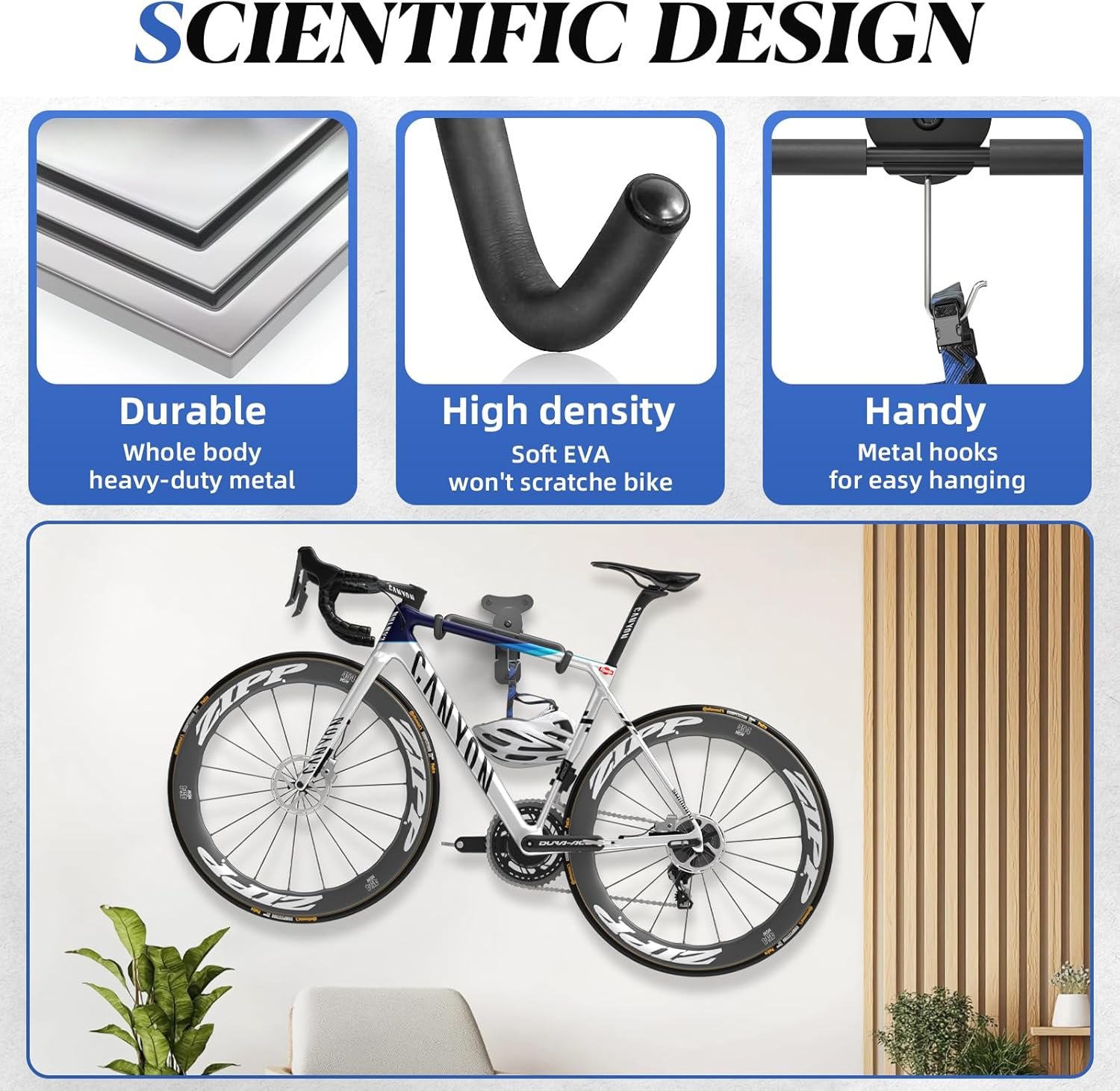 WELDUN Bike Wall Mount, Bicycle Holder, Foldable Bike Rack, Adjustable Distance, with Helmet Hook, Bike Storage Rack for Garage and Indoor(2 Pack) - Image 5