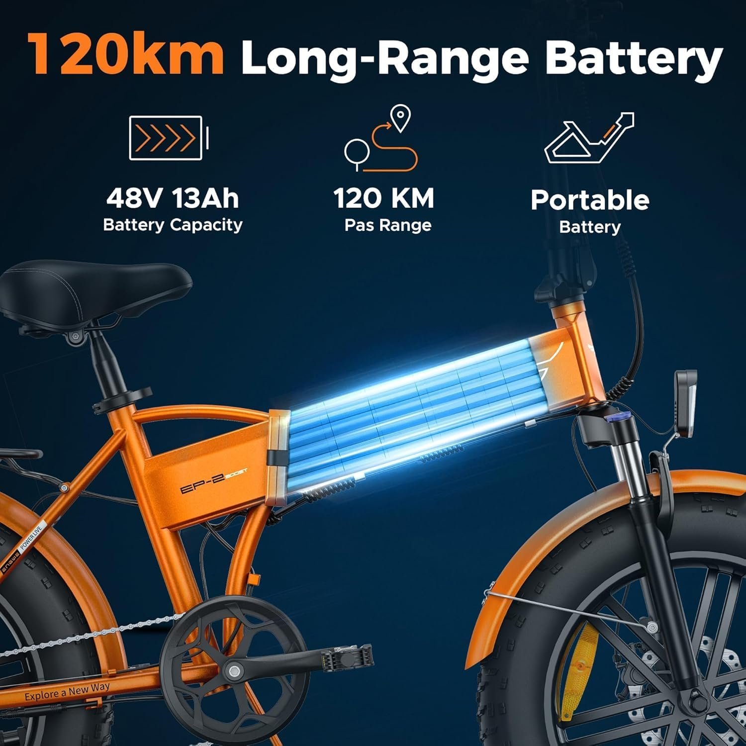 ENGWE EP-2 BOOST Folding Electric Bike,20‘×4.0’ Fat Tire 7-Speed Electric Bicycle 48V 13Ah Removable Battery, 50-120 km Range E-bike for Every Terrain & MTB & Beach & Snow - Image 2