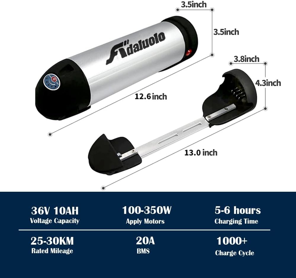 36V Ebike Battery 10AH Water Bottle Electric Bike Battery Silver Removable Electric Lithium Bicycle Batteries with Charger, Indicator Light, Base Holder - Image 3