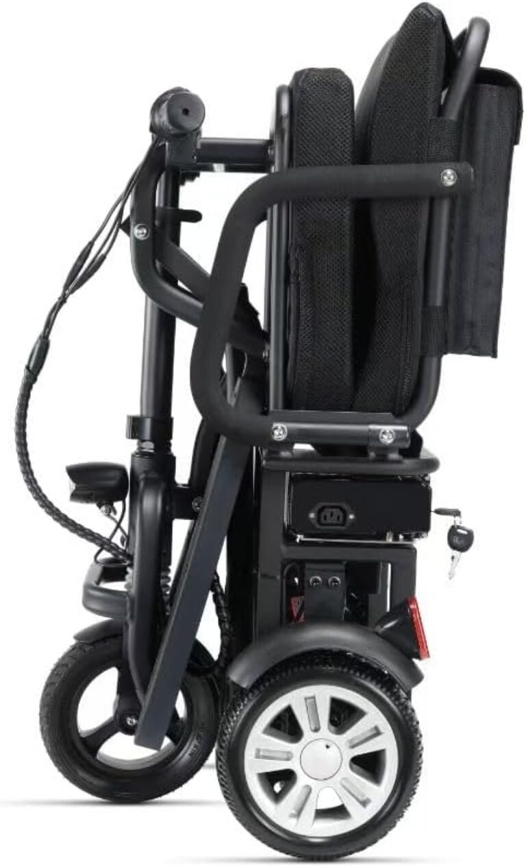 Foldable Electric Mobility Scooter, Folding 3 Wheel Travel Scooter, 24V 250W Motor, 24V 12AH Removable Battery, Suspension, Powerful Motor to Climb Hills, Electromagnetic Break, Upgraded Model.