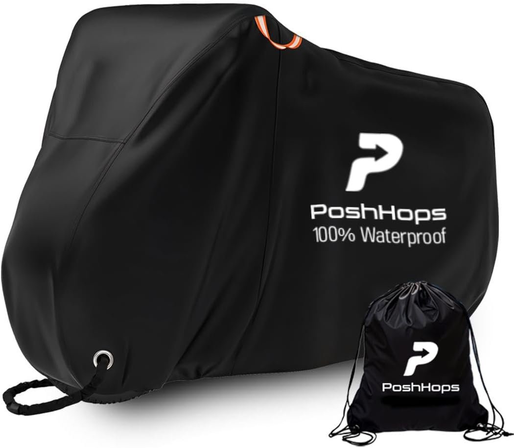 Poshhops Heavy duty Bike Cover for 1-2 Bikes, 600D Bike Covers for Outside Storage with Lock Holes, Bicycle Cover Waterproof Outdoor with Bike Storage Bag, Anti-UV, Windproof for Mountain & E-Bike