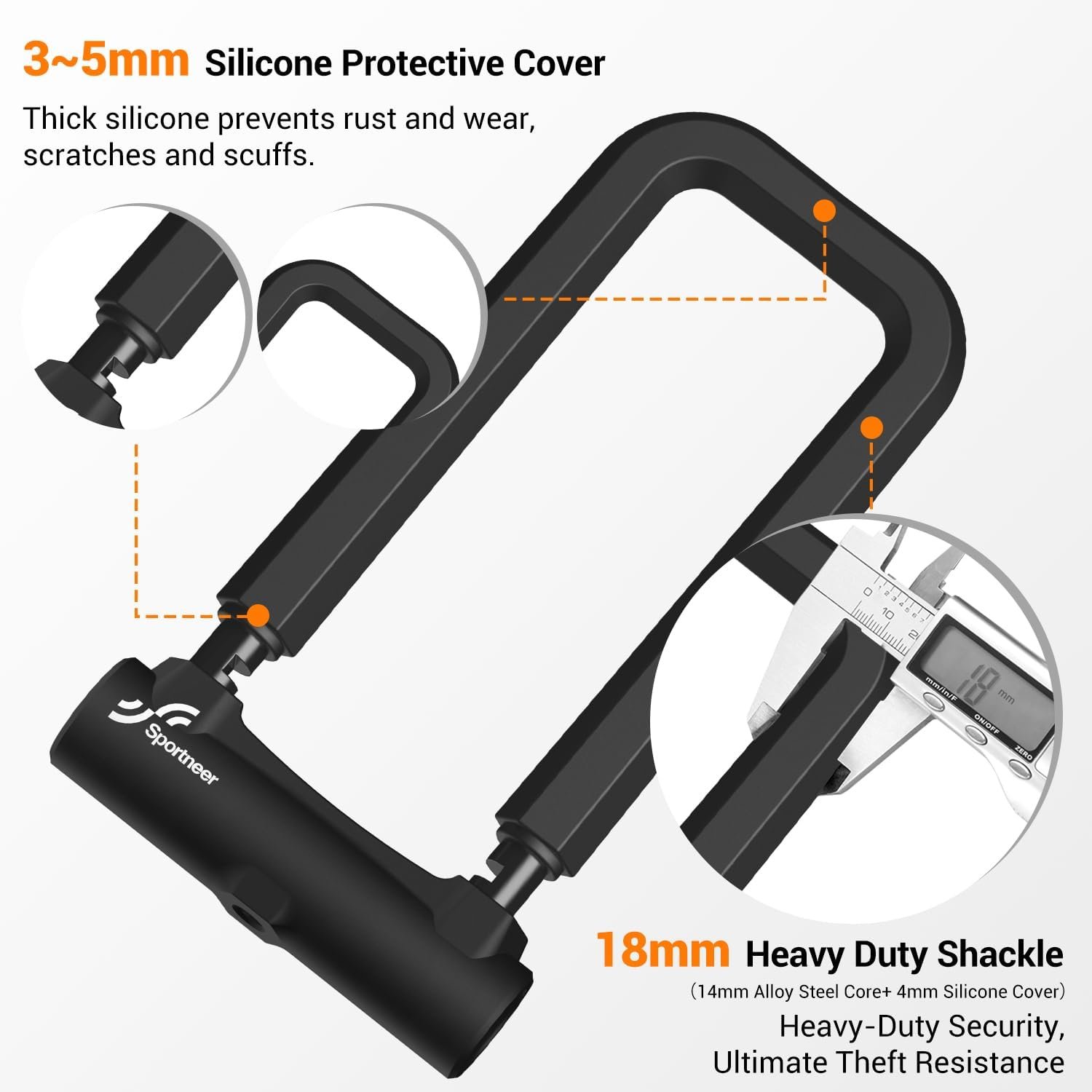 Sportneer Bike Lock: 18mm Heavy Duty Anti Theft Keyless Locking Bike U Lock with 5ft Security Steel Cable - Shackle Bicycle U-Locks with 3 Keys for Road, Mountain, Electric & Folding Bike - Image 4