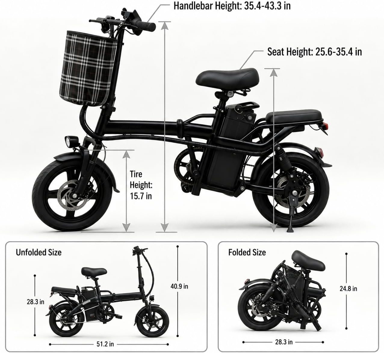 16" Folding Electric Bike, 250W Motor, 48V 15Ah Battery, 25KM Range, Height Adjustable, Commuter City Electric Bicycle with Removable Battery & Front Basket, E-Bike for Adults and Teens - Image 2