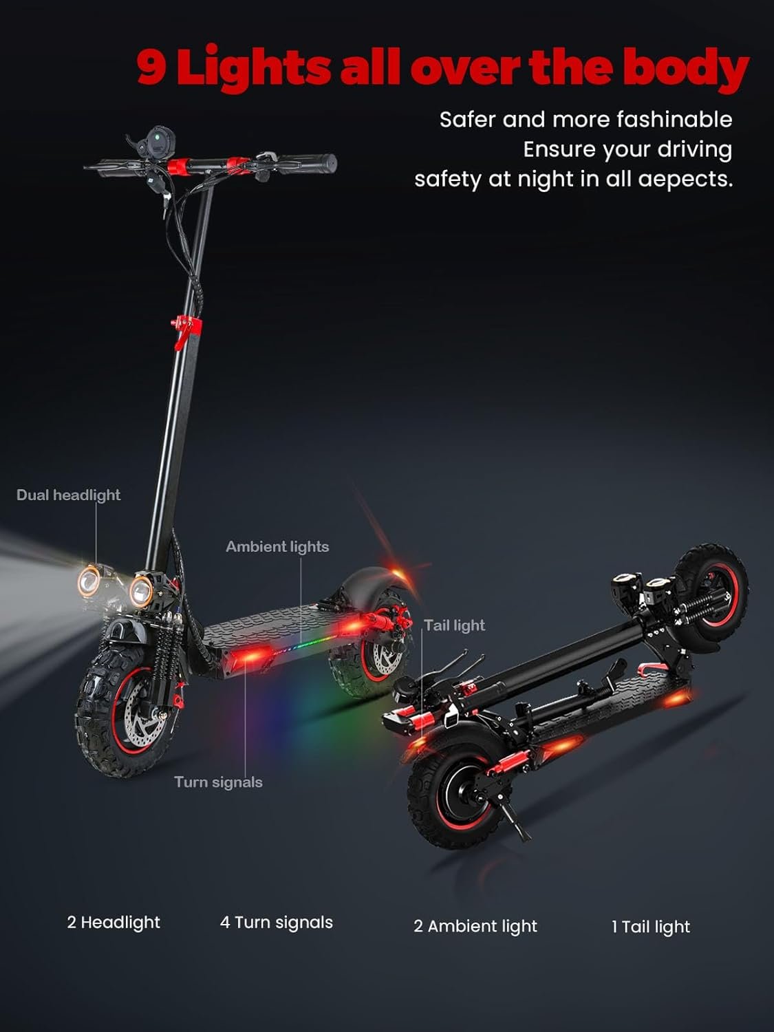 Electric Scooters Adult,50-55km Range,11'' Offroad All Terrain Foldable Pure E Scooter 48V 18Ah Battery, Dual Braking System & Shock Absorption Fast Electric ScooterTeens Gift,Max Load 150kg - Image 6