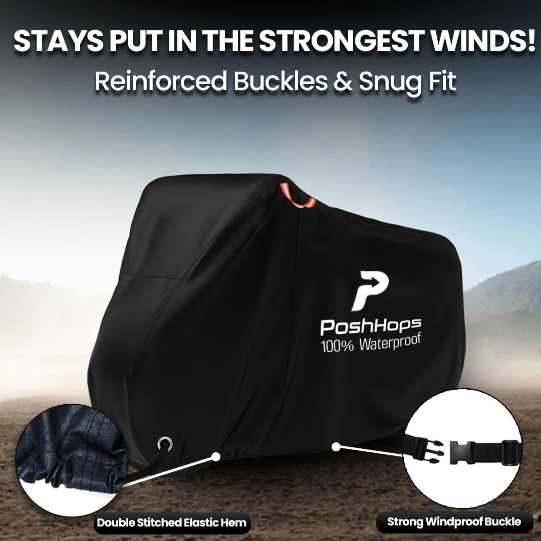 Poshhops Heavy duty Bike Cover for 1-2 Bikes, 600D Bike Covers for Outside Storage with Lock Holes, Bicycle Cover Waterproof Outdoor with Bike Storage Bag, Anti-UV, Windproof for Mountain & E-Bike - Image 7