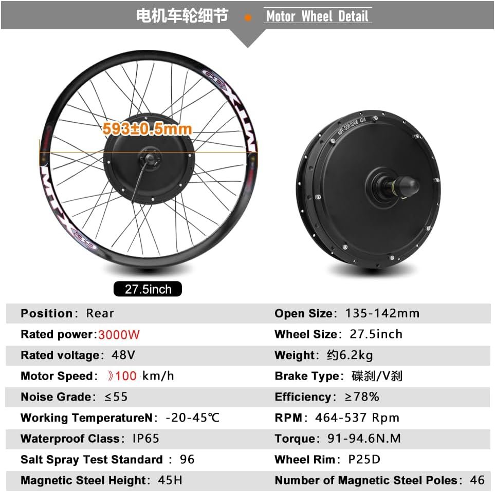 72V 27.5'' 60A Controller Rear wheel Electric Bikes Conversion Kit Hub Motor, Electric Bicycle Motor,E-bike Cycling Hub with Controller, UKC1 Screen,Bike Conversion Tool Kit 7-speed Cassette - Image 2
