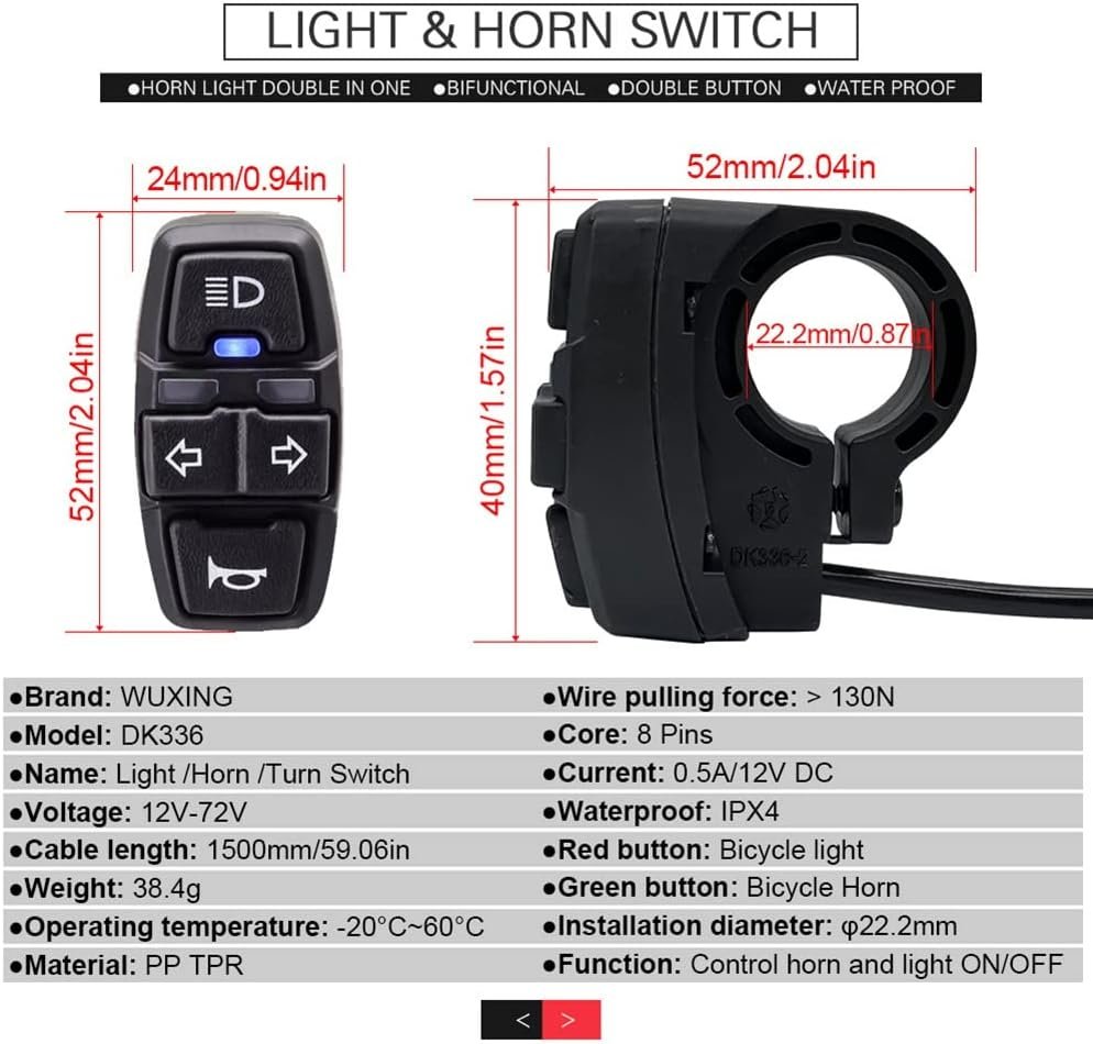 Bike Front and Ebike Rear Light Set Input 36V 48V 52V 60V with DK336 Light Horn Turning Switch E-Bike Light, Black - Image 3