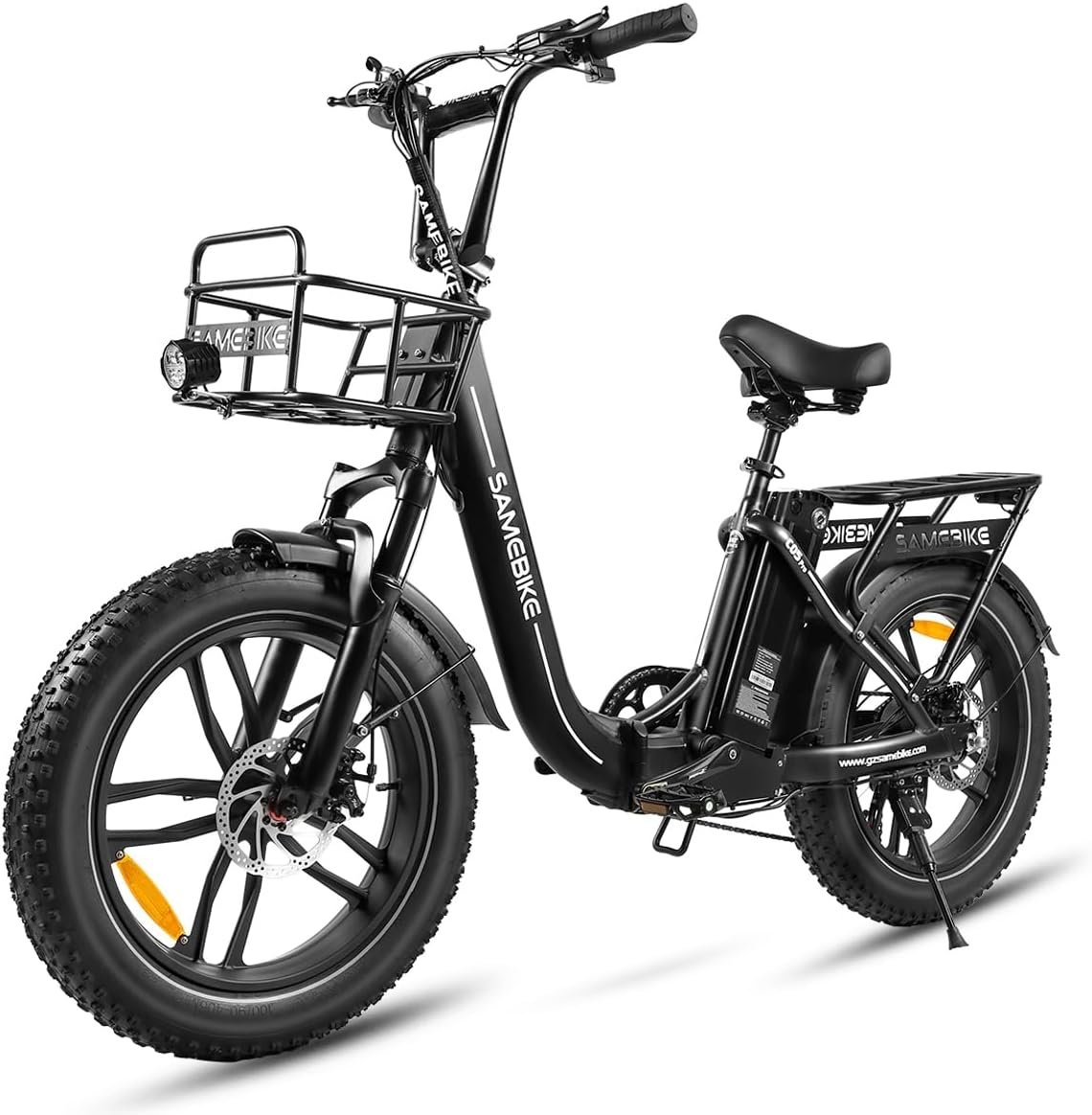 SAMEBIKE Electric Bike, Folding Adult Electric Mountain Bike, 36V 13AH Removable Battery, 7 Speed Gears, 20" *4.0" Fat Tire, Suspension Fork,with Rugged Front Basket and Rear Bracket,Quick Delivery