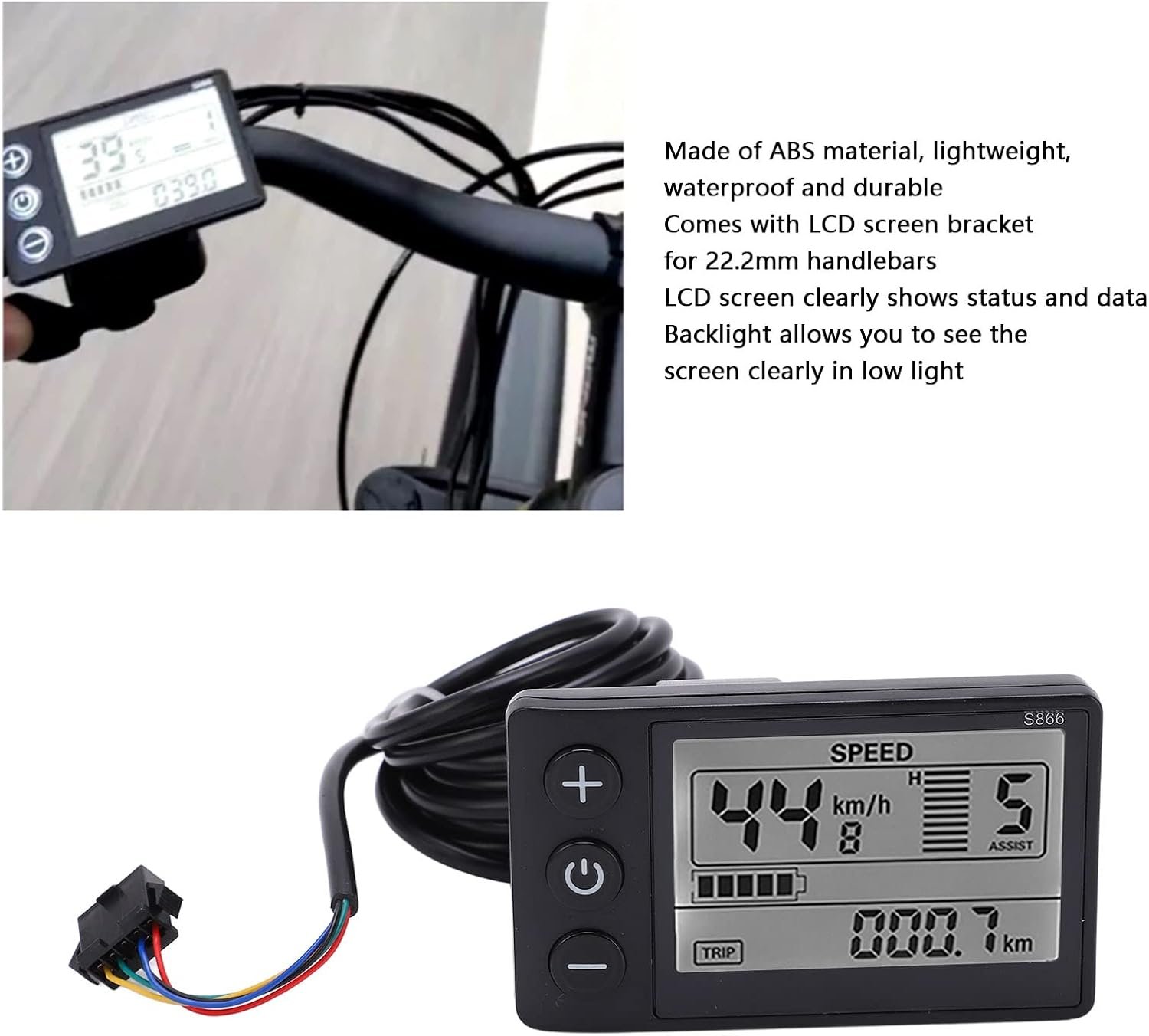 S866 Bike Computer, Electric Bicycle Display LCD Meter, 24V 36V 48V Electric Scooter Control Panel with SM Plug, Bike Speedometer Odometer, for 22.2mm/0.9in Handlebars - Image 3