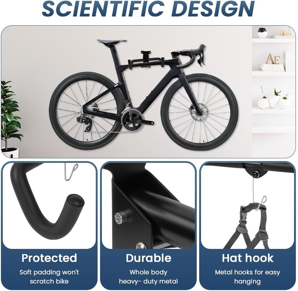 Bike Wall Mount, Wall Bike Rack with Helmet Hook, Bike Hook for Wall, Foldable Bike Hanger With Padded, Bicycle Wall Rack Bike Holder for Road, Mountain or Hybrid Bikes in Garage and Home - Image 3