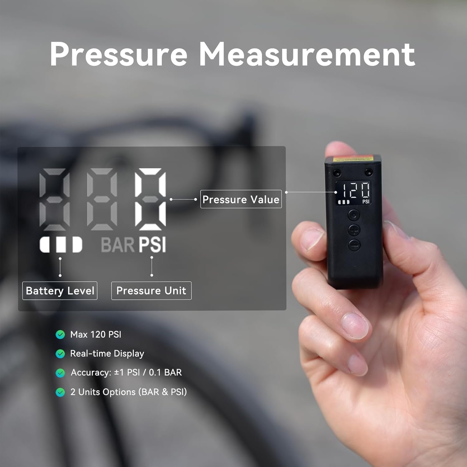 CYCPLUS AS2 Ultra Tiny Bicycle Pump with Pressure Gauge, Max 120 PSI Electric Mini Pump, Auto Stop with Presta and Schrader Valve for E-Bike, MTB and Road Bike (87g) - Image 3