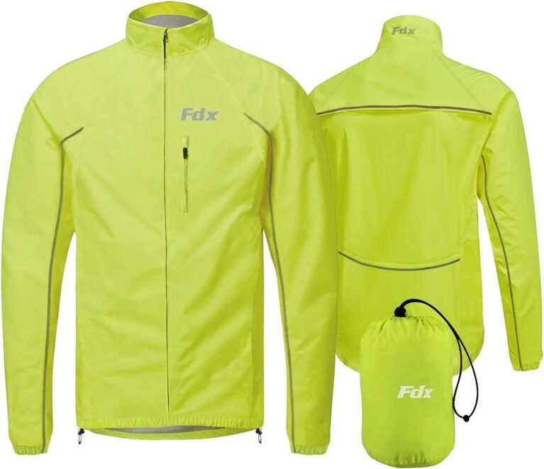 FDX Men’s Cycling Jacket - Waterproof Lightweight Breathable Cycle Rain Jersey - High Visibility Full Sleeves Reflective Tops - Windproof Packaway Pouch Coat for Running, Riding, Mountain Bike Racing