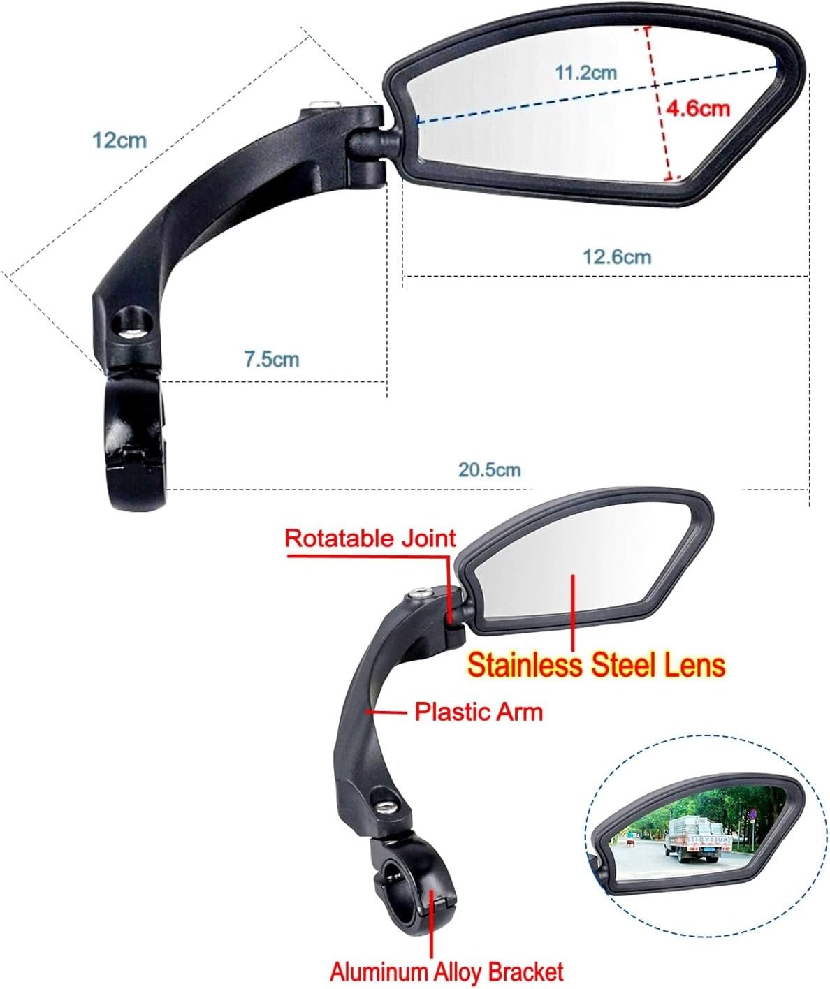 JZK Right Side Bike Mirror with Stainless Steel Lens - 360 Degree Rotatable Adjustable Cycle Mirror for Bike Handlebar - Image 5