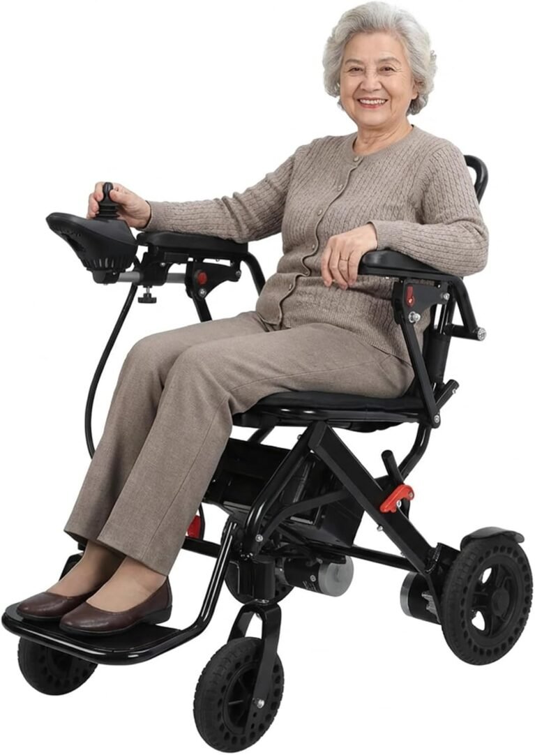 Foldable Electric Wheelchair with 500W Motor, 22kg, Lightweight, Airline-Friendly, Puncture-Proof Tires, Reversible Armrests, Large Footrest, 12-Mile Range, Hand Brake for Safety (Black)