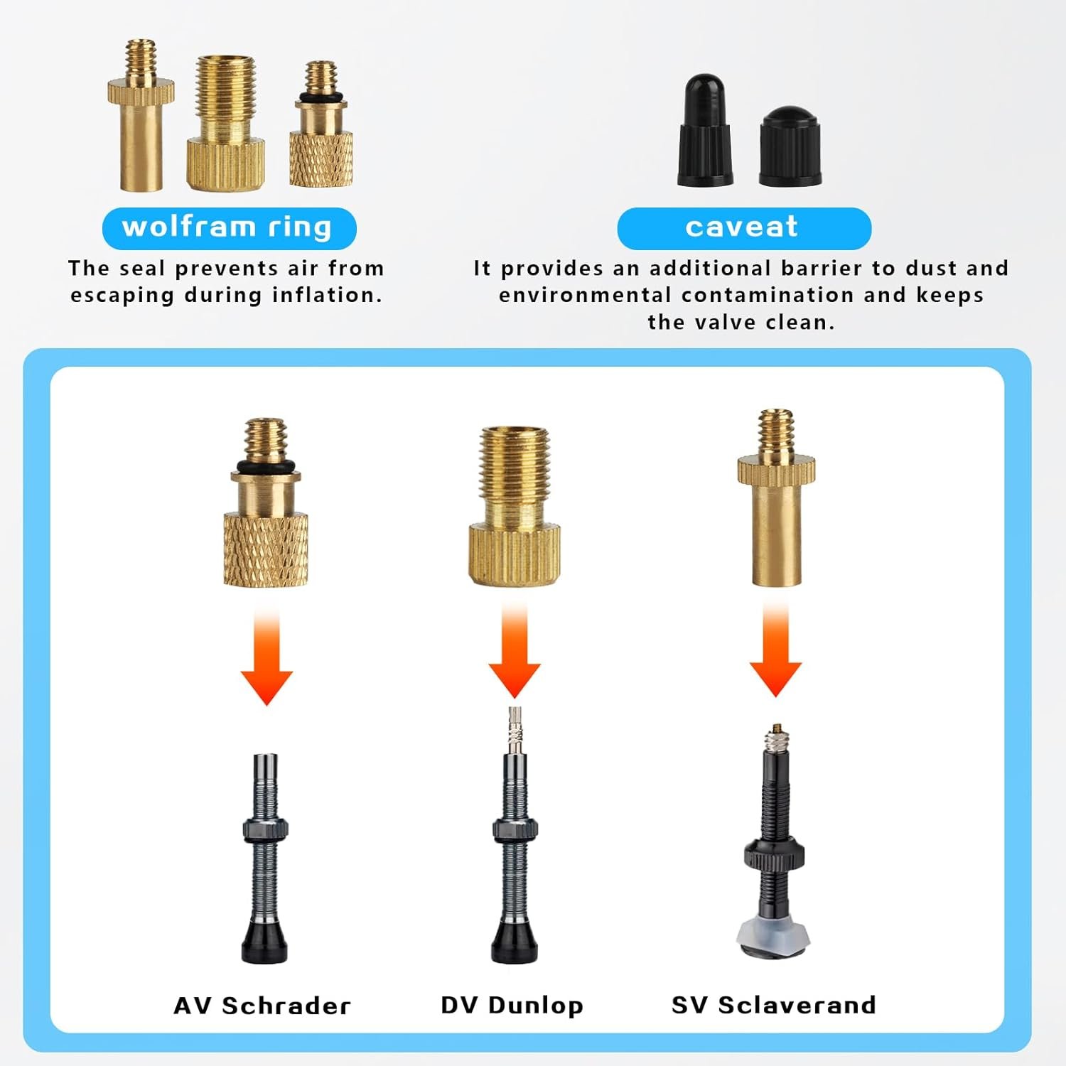 38 Pcs Bike Valve Adapter DV/AV/SV Set, Bike Pump Adaptor Set, Bicycle Valve Adapter Bike Pump Valve Adapter Set, Bicycle Pump Adapter for Presta Schrader Valve, with Ball Pump Needle, Caps - Image 4