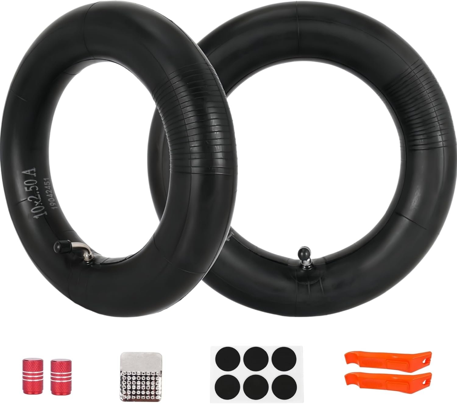 2 Pack 10x2.50 Inner Tubes and Repair Set, 10 inch E-Scooter Butyl Tube with 90° Bent Valve Stem Replacement for Electric Bike Scooter Self Balancing Scooter Wheel and Kid's tricycles