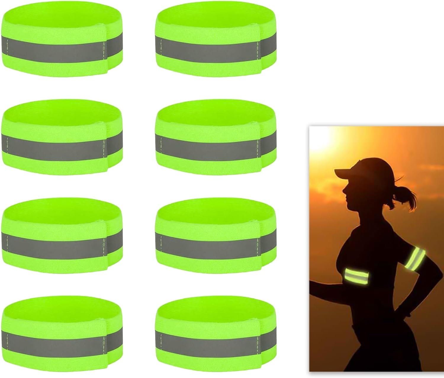 8 Pcs High Visibility Reflective Armbands, Running Safety Gear Reflective Wristbands Adjustable & Bike Ankle Bands, Bright Hi-Vis Arm Straps for Cycling, Walking, Jogging, Motorcycling & Night Sports