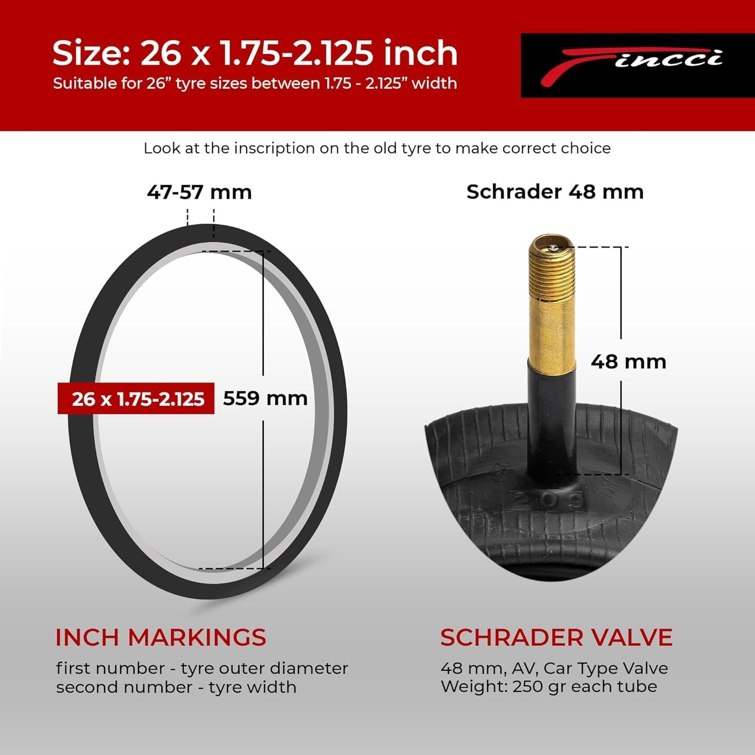 Fincci Pair Bike Inner Tube 26 x 1.75 x 1.95 x 2.0 x 2.125 with 48 mm Schrader/Presta Valve - Inner Tubes 26 inch, 2PCS 26" 47/57-559 Bike Tyre Tube for MTB, Mountain, Road, Hybrid & Electric Bike - Image 2