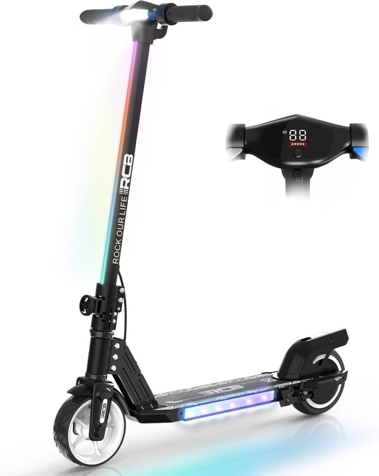 RCB R12 Electric Scooter for Kids age 6-12, Up to 9.3 mph & 6.2 Miles, 6.5" Foldable Electric Scooter, LED Display,LED Rainbow Light,Two Types of Braking,Gift for Kids