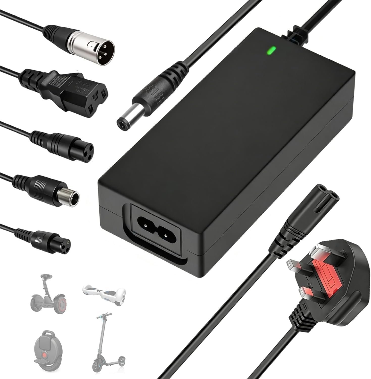 42V 2A Electric Scooter Charger UK 3 Pin, Universal with 6 Connections for 36V Li-ion Battery Fast Charger for Xiaomi/Ninebot, Mobility Scooter, Hoverboard, Electric Bike, Drift Board, Unicycle