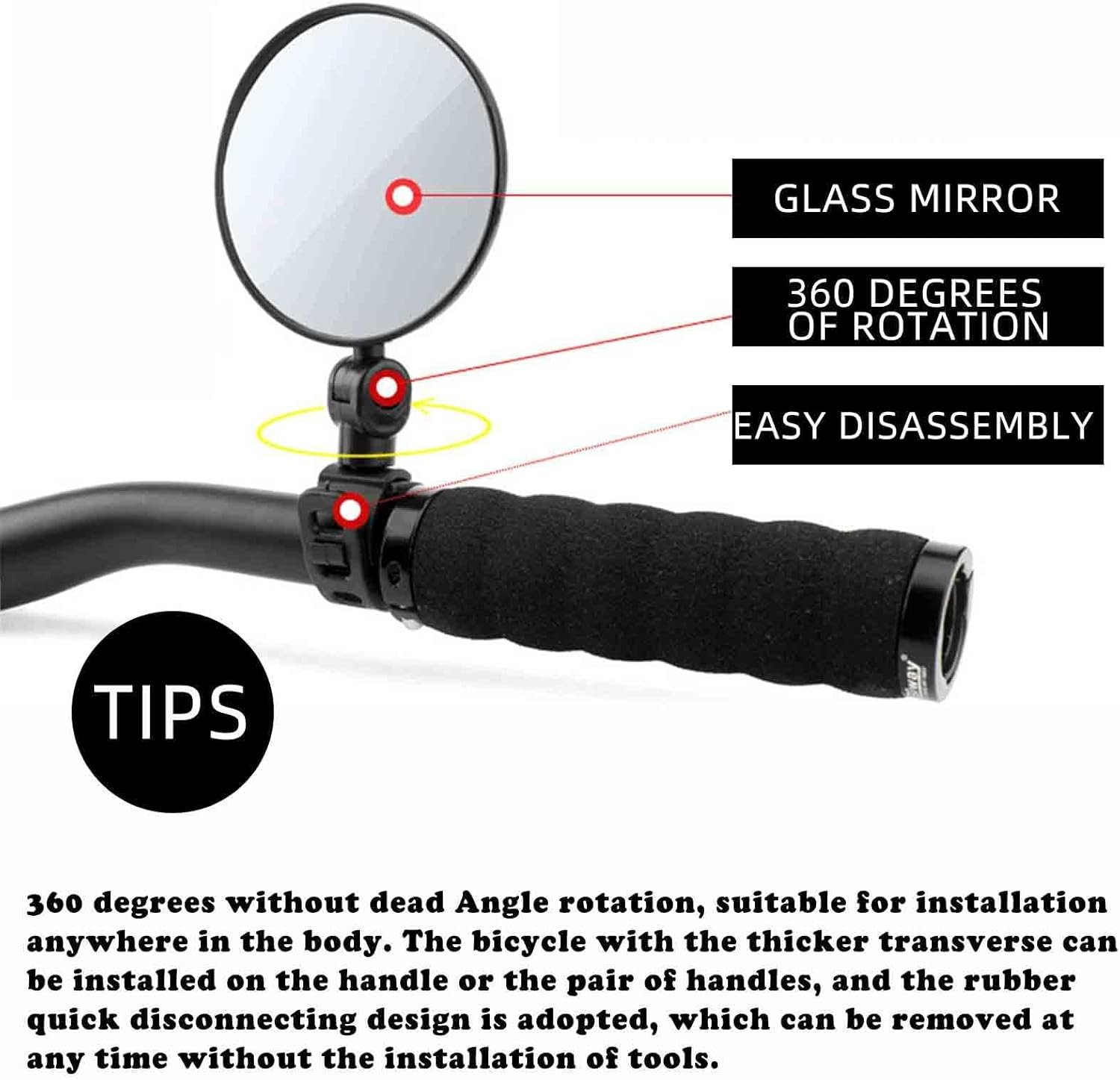 2PCS Handlebar Mirrors - Adjustable Convex Safety Mirror for Bikes, Scooters & Motorcycles - Universal Rear View Cycle Mirrors (Black) - Image 3