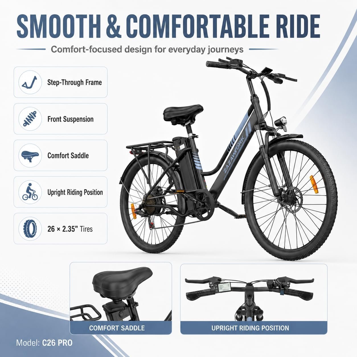 E Bikes for Men Adults, 250W Electric Bike with 39nm Torque, 36V20AH Battery 100-120km Range, 7-Speed Disc Brake & Spring Shock Absorber, 26 Inch Electric Bicycle for Outdoor & Commute - Image 4