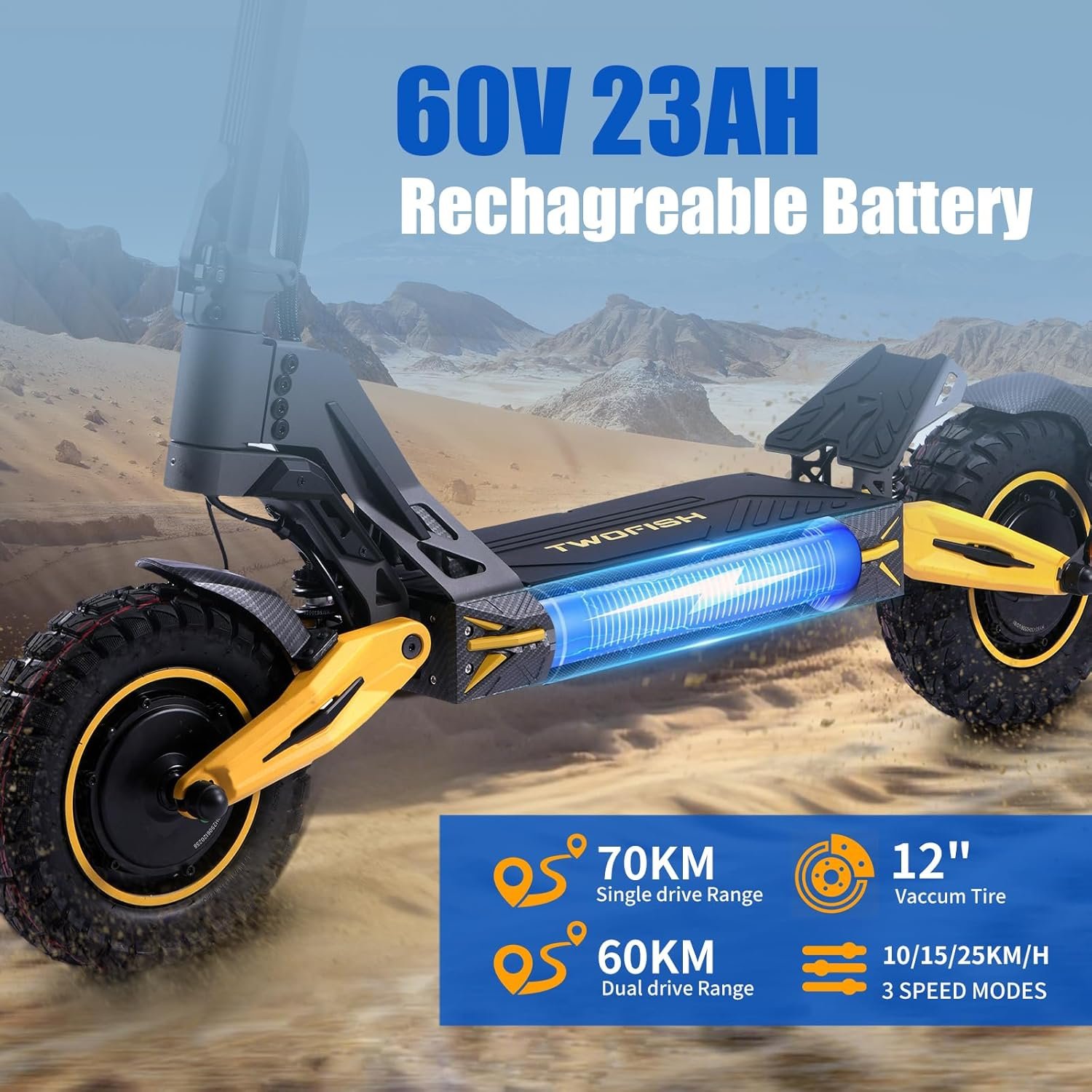 TWOFISH Electric Scooters Adult, 10"/12" Off-Road Fast Electric Scooter with Dual Brake System 4 Shock Absorbers, 60-70km Range, 3 Speed Modes, LCD Display, 150Kg Load Capacity - Image 4